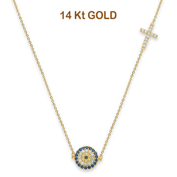 14K Yellow Gold Evil Eye Light Chain Necklace 17" + 1" Extension